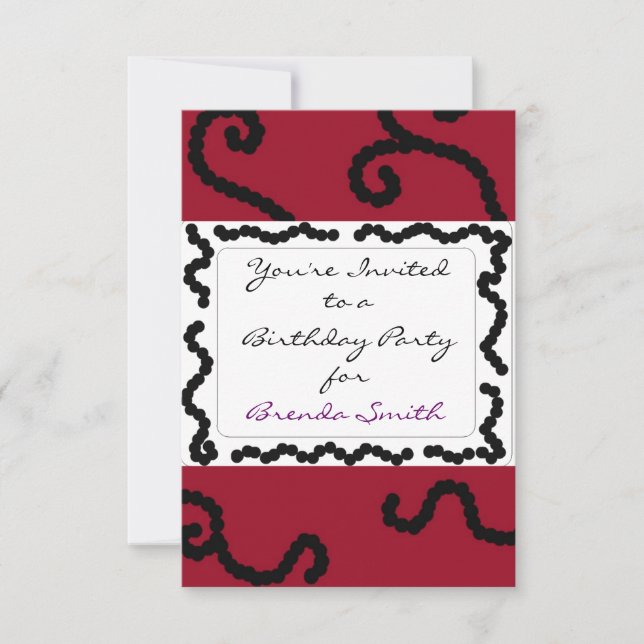 Invitación de cumpleaños de cuentas rojas y negras (Anverso)