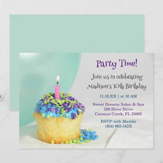 Invitación de cumpleaños de cupcake azul de globo  (Anverso / Reverso)