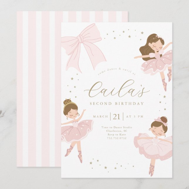 Invitación de cumpleaños de Cute Bow Ballerina (Anverso / Reverso)