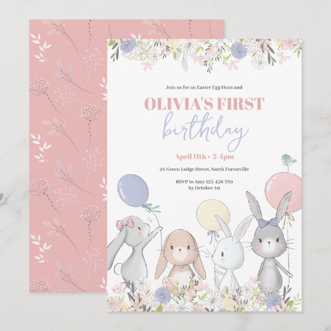 Invitación de cumpleaños de Cute Bunnies (Anverso / Reverso)