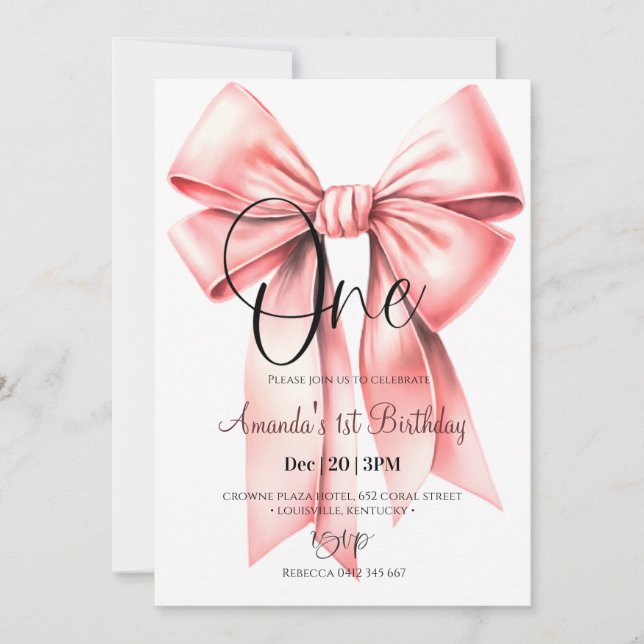 Invitación de cumpleaños de Cute Coquette Bow (Anverso)