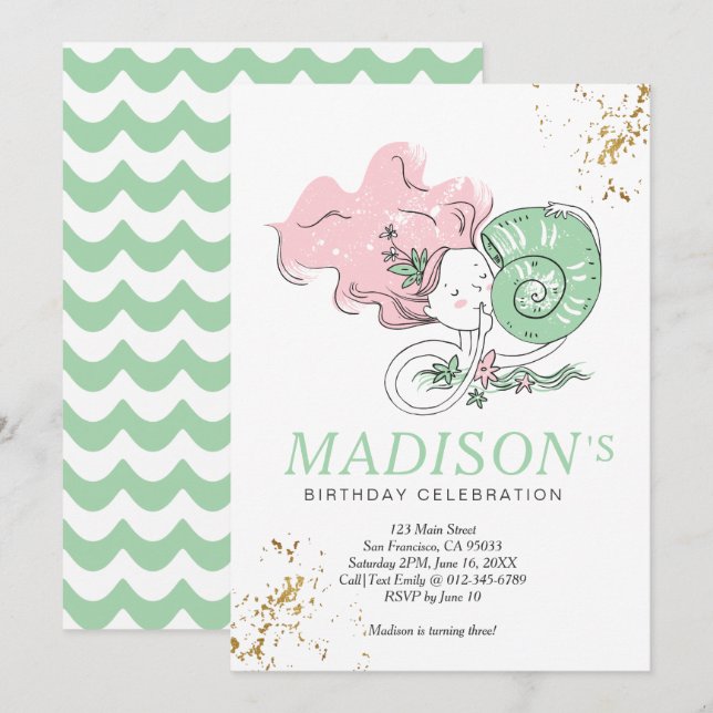Invitación de cumpleaños de Cute Doodle Mermaid Fa (Anverso / Reverso)