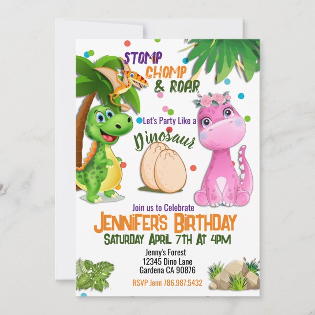 Invitación de cumpleaños de Cute Girly Dinosaur (Anverso)