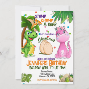 Invitación de cumpleaños de Cute Girly Dinosaur
