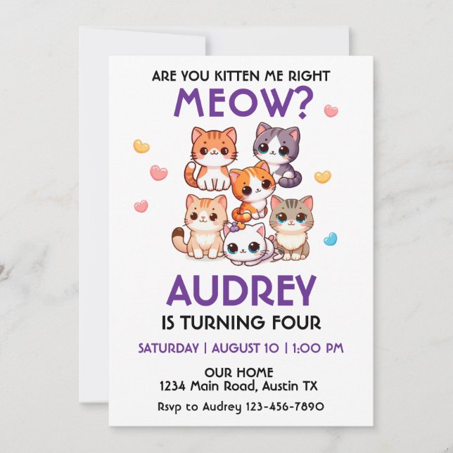 Invitación de cumpleaños de Cute Kitten (Anverso)