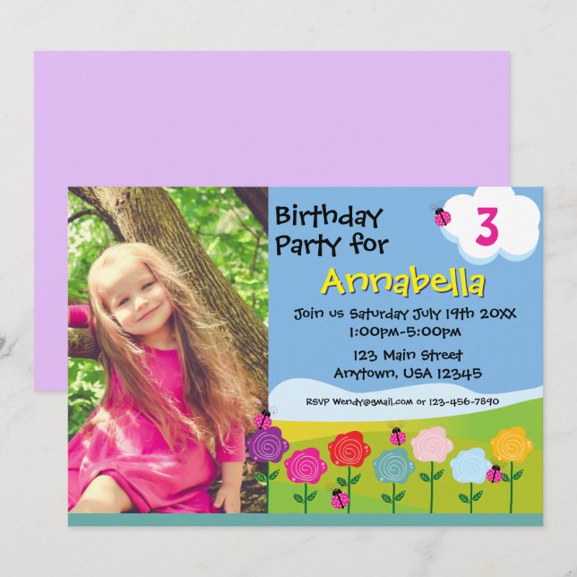 Invitación de cumpleaños de Cute Ladybug Garden pa (Anverso / Reverso)