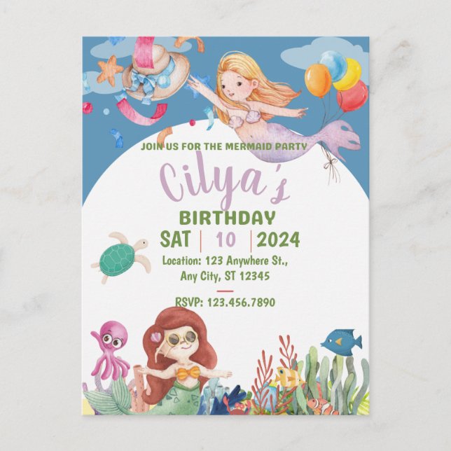Invitación de cumpleaños de Cute Mermaid Watercolo (Anverso)