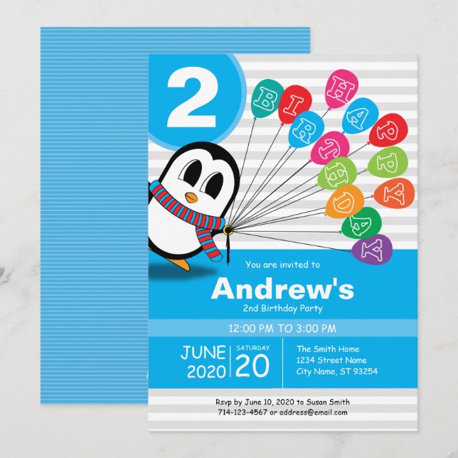 Invitación de cumpleaños de Cute Penguin (Anverso / Reverso)