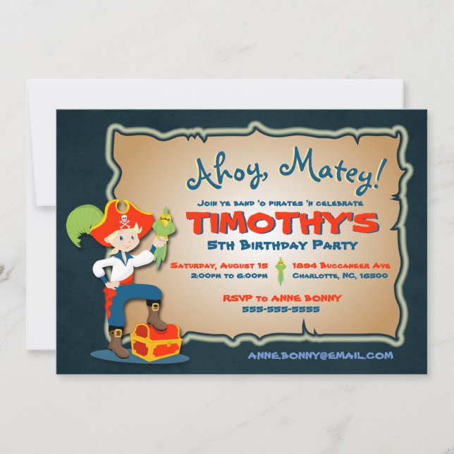 Invitación de cumpleaños de Cute Pirate personaliz (Anverso)