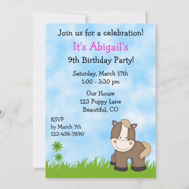 Invitación de cumpleaños de Cute Pony para Chicas (Anverso)