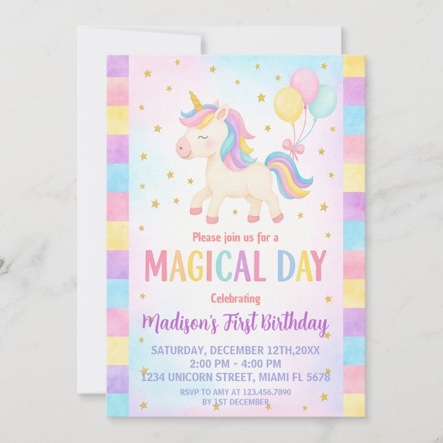 Invitación de cumpleaños de Cute Toddler Unicorn (Anverso)