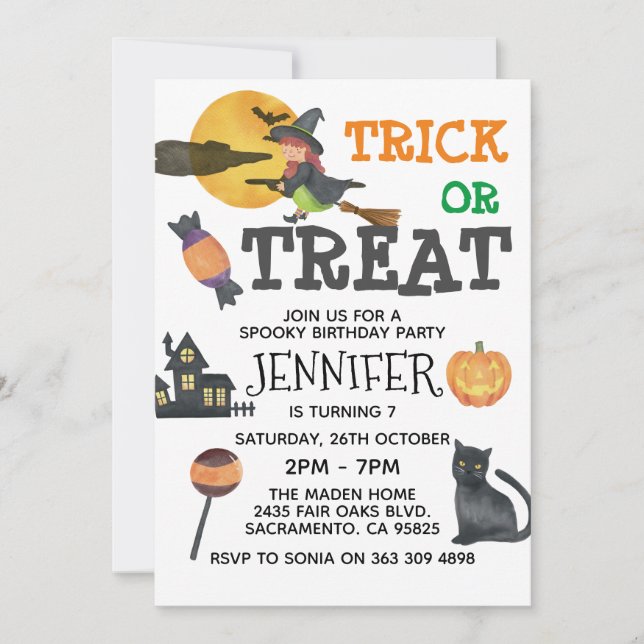 Invitación de cumpleaños de Cute Witch Halloween (Anverso)