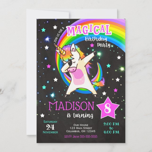 Invitación de cumpleaños de Dabbing Unicorn (Anverso)
