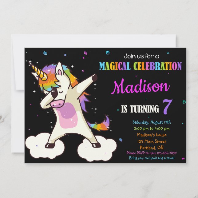 Invitación de cumpleaños de Dabbing Unicorn fiesta (Anverso)