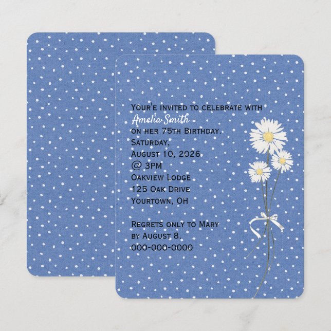 Invitación de cumpleaños de daisies en puntos de p (Anverso / Reverso)