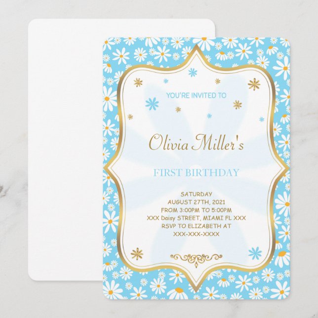 Invitación de cumpleaños de Daisy editable (Anverso / Reverso)