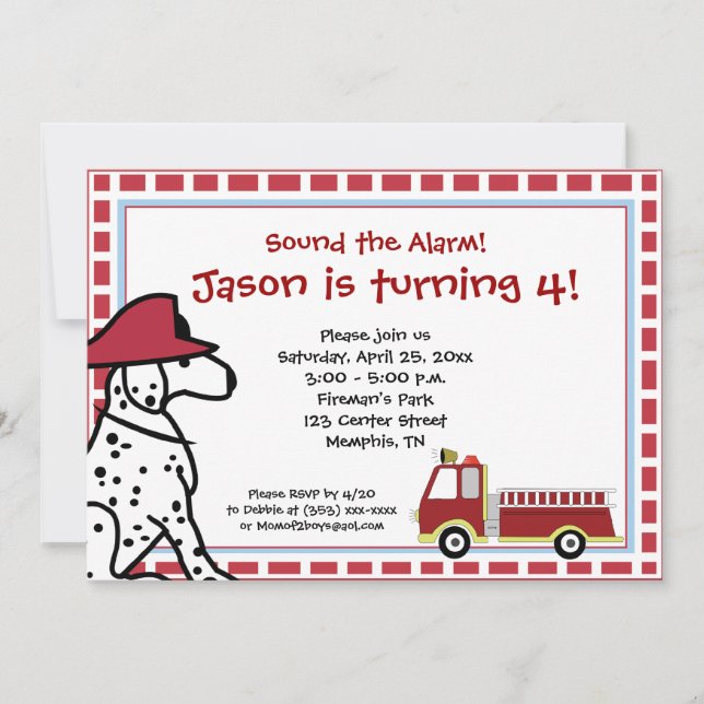 Invitación de cumpleaños de Dalmatian y Firetruck (Anverso)