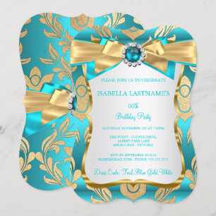 Invitación de cumpleaños de Damasco azul teal dora