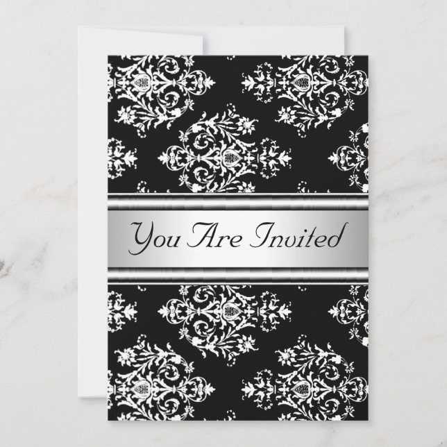 Invitación de cumpleaños de Damasco Blanco y Negro (Anverso)