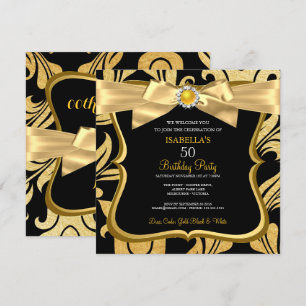 Invitación de cumpleaños de damasco negro con lazo