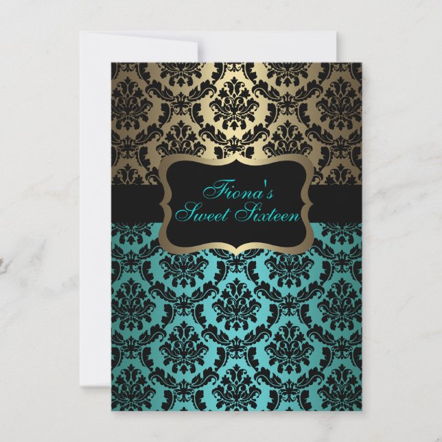 Invitación de cumpleaños de Damask elegante verde  (Anverso)