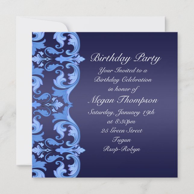 Invitación de cumpleaños de Dark Blue Swirl Damask (Anverso)