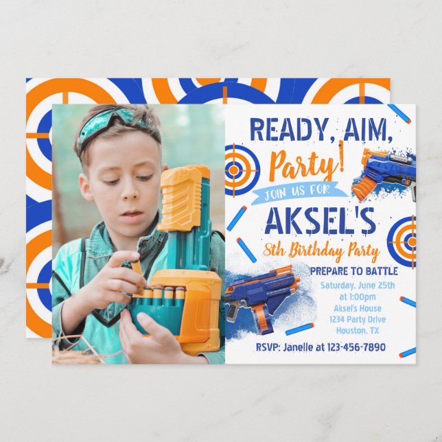 Invitación de cumpleaños de Dart Fiesta | Foto Dar (Anverso / Reverso)