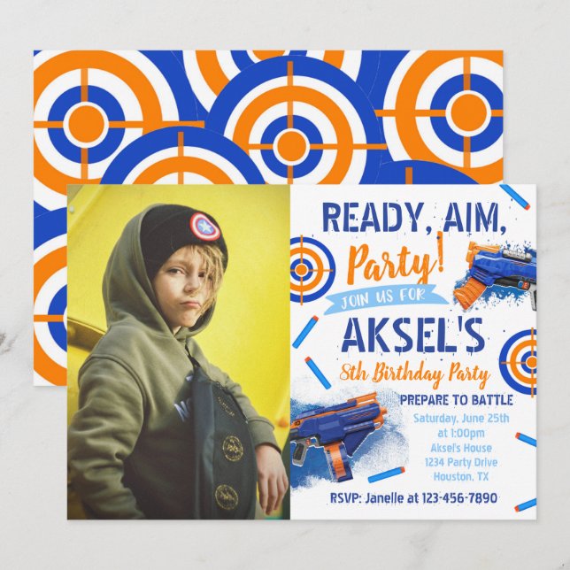 Invitación de cumpleaños de Dart Fiesta | Foto Dar (Anverso / Reverso)