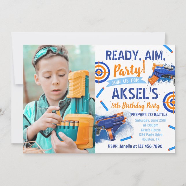 Invitación de cumpleaños de Dart Fiesta | Foto Dar (Anverso)