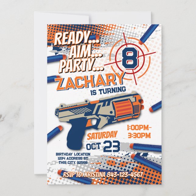 Invitación de cumpleaños de Dart gun (Anverso)