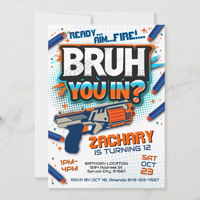 Invitación de cumpleaños de Dart gun | Guerra de a (Anverso)