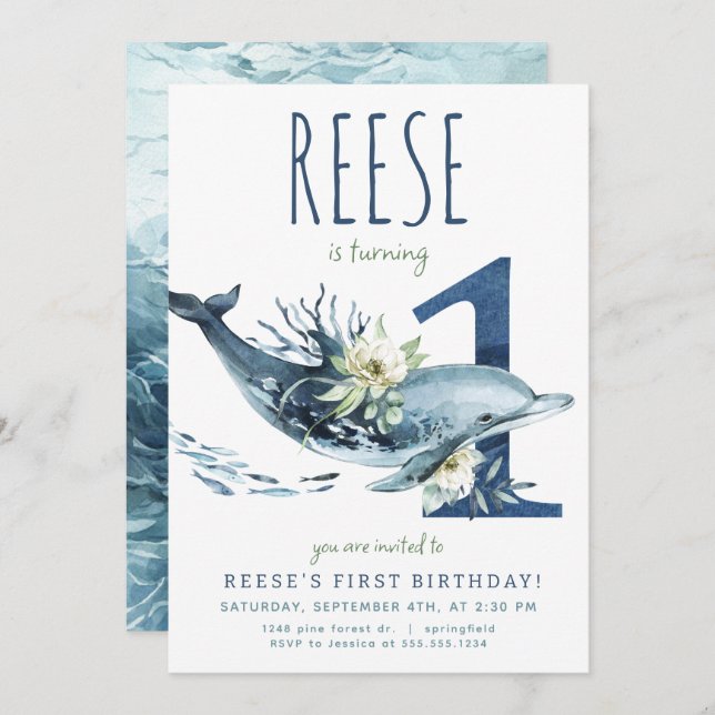 Invitación de cumpleaños de delfín (Anverso / Reverso)