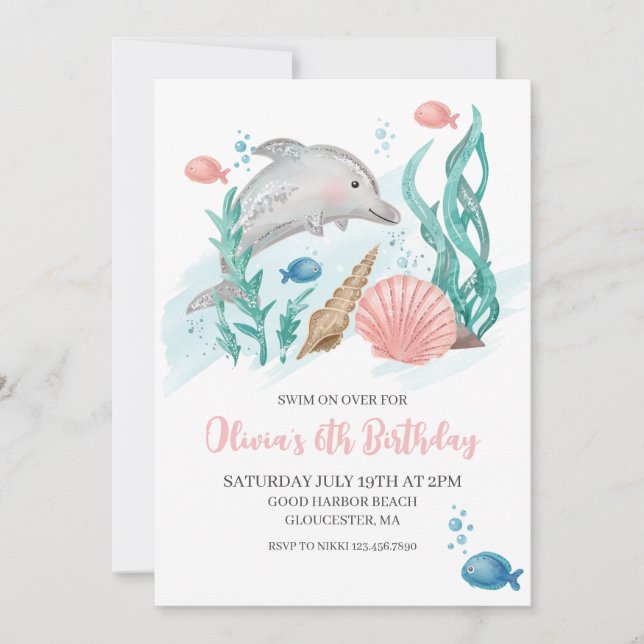 Invitación de cumpleaños de delfín bajo el mar (Anverso)