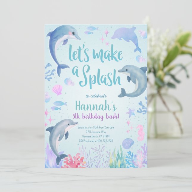 Invitación de cumpleaños de delfines bajo el mar (Anverso de pie)