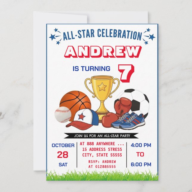 Invitación de cumpleaños de deportes All Star pers (Anverso)