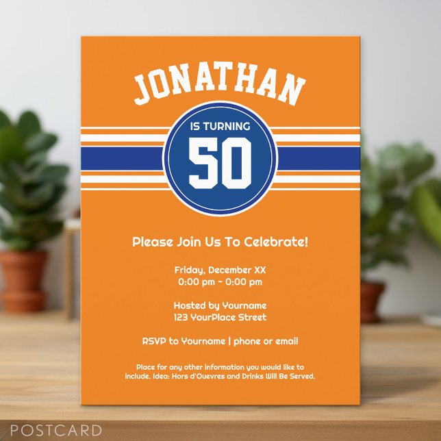 Invitación de cumpleaños de deportes Blue Naranja (Custom Postcard)