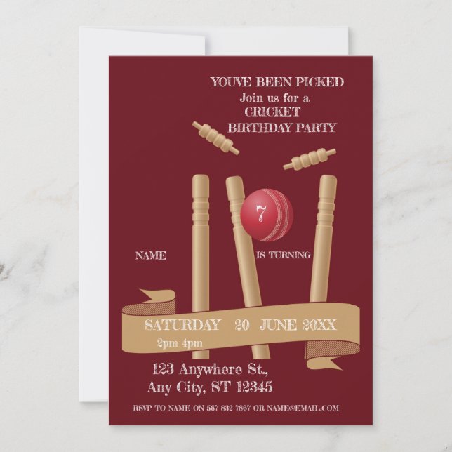 Invitación de Cumpleaños de Deportes de Críquet (Anverso)