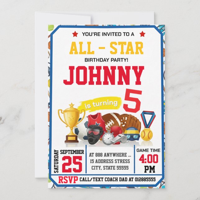 Invitación de cumpleaños de deportes de todas las  (Anverso)