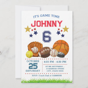 Invitación de cumpleaños de deportes de todas las