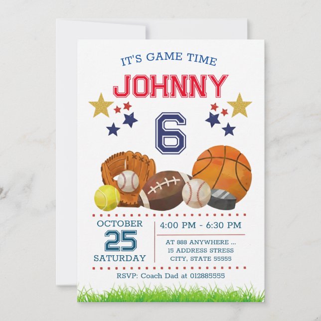 Invitación de cumpleaños de deportes de todas las  (Anverso)