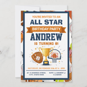 Invitación de cumpleaños de deportes personalizado