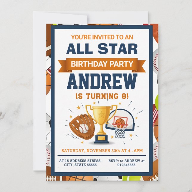 Invitación de cumpleaños de deportes personalizado (Anverso)