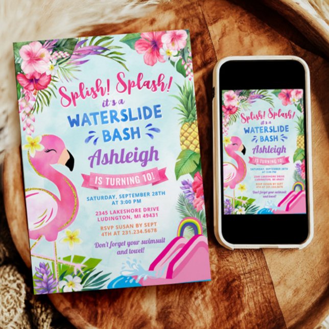 Invitación de cumpleaños de deslizamiento de agua  (Tropical Girly Waterslide Birthday Invitation with an Adorable Pink Flamingo)