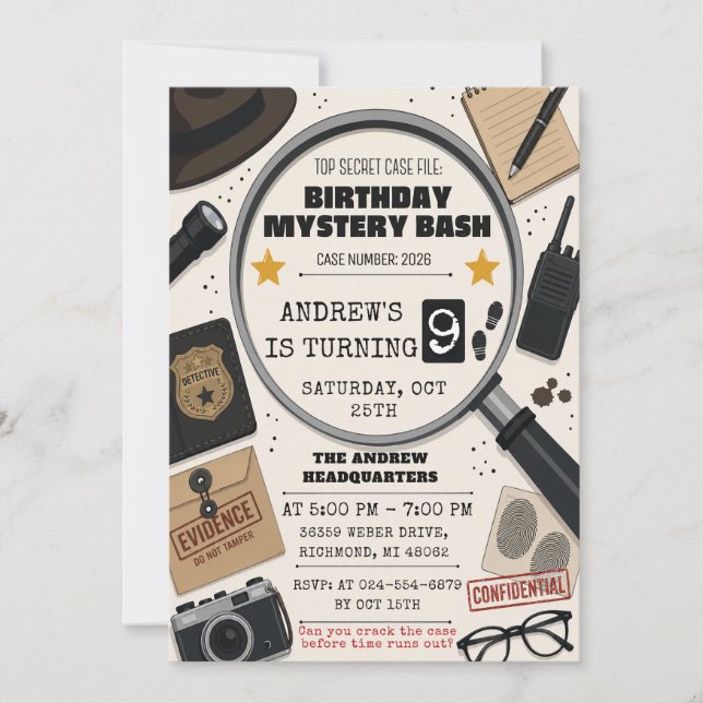 Invitación de cumpleaños de detective adolescente  (Anverso)