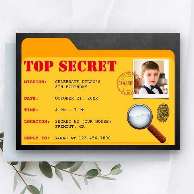 Invitación de cumpleaños de detective espía agente (Subido por el creador)