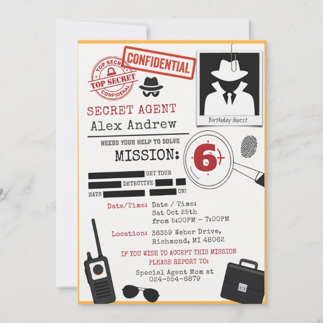 Invitación de cumpleaños de detective espía person (Anverso)