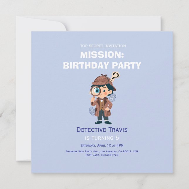 Invitación de cumpleaños de detective lindo chico (Anverso)