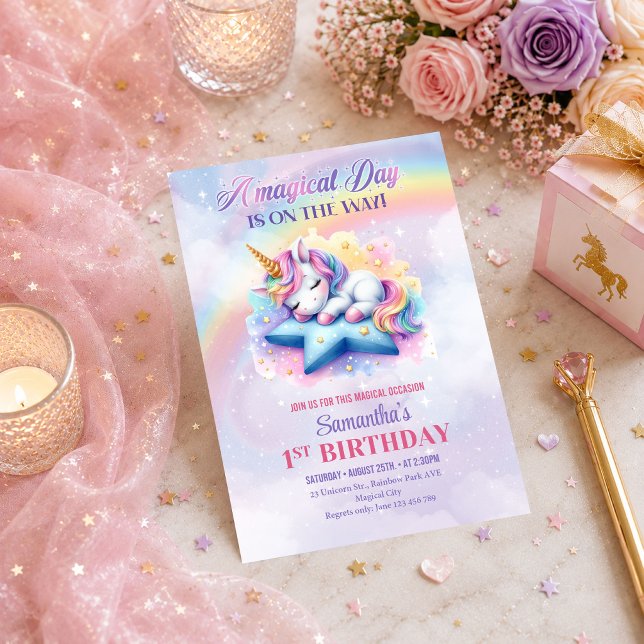 Invitación de Cumpleaños de Día Mágico de Unicorni (Cute Pink Purple Unicorn Magical Day Party Invitation

)