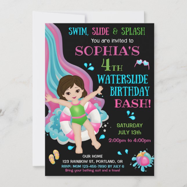 Invitación de cumpleaños de diapositiva acuática I (Anverso)