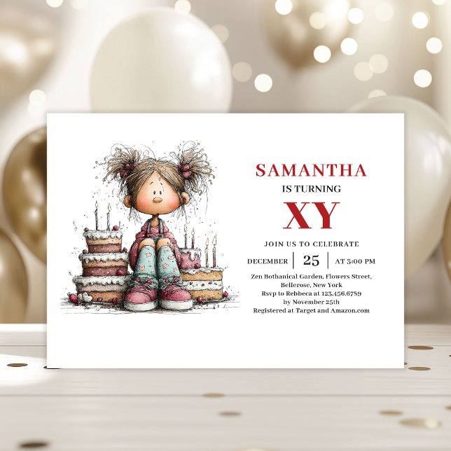 Invitación de Cumpleaños de Dibujos Animados de Ni (Whimsical Cute Little Girl Cartoon Birthday Invitation

)